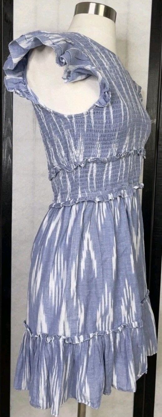 Saylor - Indigo Blue & White Ikat Print Cotton Mini Dress. Size: S